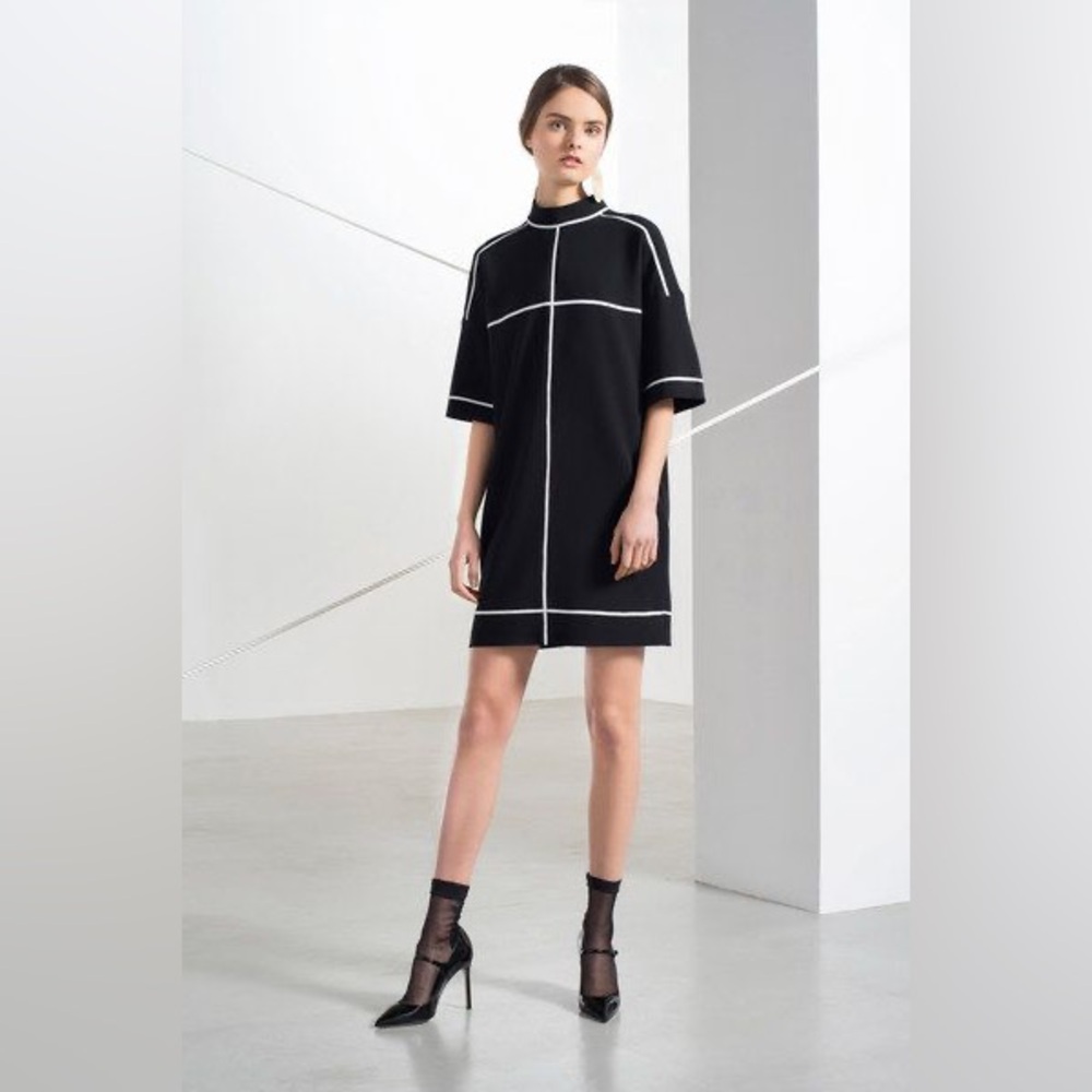 NWT Lisa Perry Black Wool Drop Waist Mini Dress with White Accents | Size 8